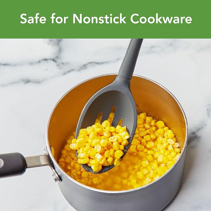 Tovolo Flex Core Silicone Slotted Deep Spoon for Cooking Mixing Baking, Dishwasher Safe BPA Free All Silicone Kitchen Spoon Utensil Heat Resistant Nonstick Safe Slotted Serving Spoon, Charcoal Gray