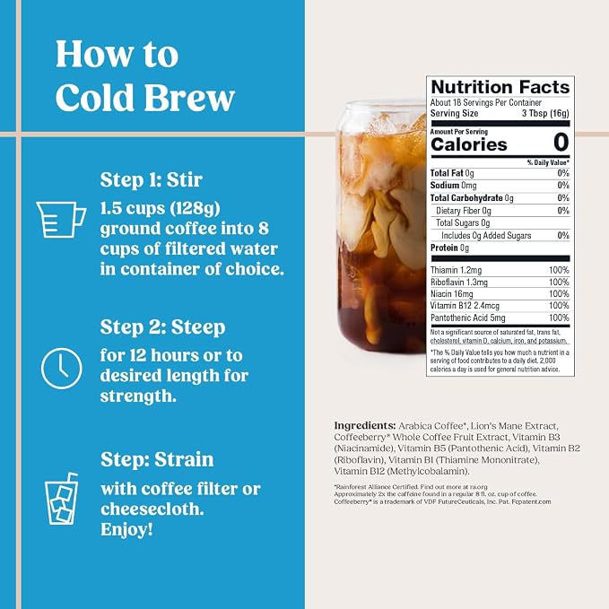 Bulletproof High Achiever Mushroom Cold Brew Coffee, Coarse Ground with Lion's Mane, B Vitamins & Adaptogens, Energy and Focus, Medium-Dark Roast, 10 oz
