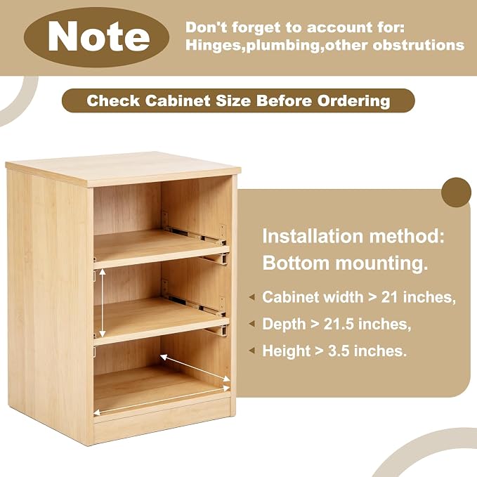 20" Pull Out Cabinet Drawer (Fits 21" Cabinet Opening), Wood Slide Out Cabinet Shelf Organizer with Ball Bearing Slides, Clear Lacquer Finish, Heavy Duty Kitchen Cabinet Pull Out Shelves