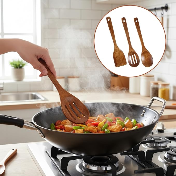 3PCS Wooden Spoons for Cooking 12 inch Non Scratch Woodens Spatulas Set Includes Slotted Spoon Woodens Spoon & Wooden Spatula for Stirring Frying Mixing Sauteing