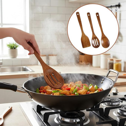 3PCS Wooden Spoons for Cooking 12 inch Non Scratch Woodens Spatulas Set Includes Slotted Spoon Woodens Spoon & Wooden Spatula for Stirring Frying Mixing Sauteing