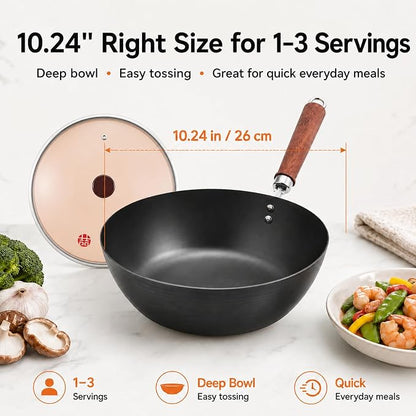 WANGYUANJI 10.24-Inch Carbon Steel Wok with Lid, Flat Bottom Small Wok Pan for 1–3 Servings, Uncoated Stir Fry Pan, Glass Lid, Induction/Gas/Electric Compatible, Wood Handle, Black