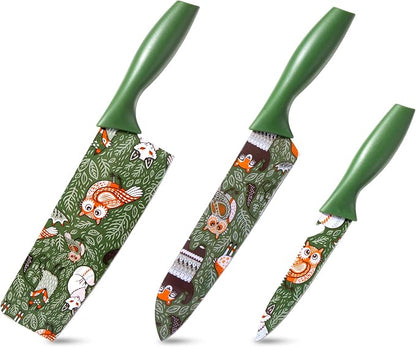 TJ POP Colorful Knife Set, 3 Pcs Kitchen Knife Set, Color-Coded Coated Stainless Steel Kitchen Knives, Professional Kitchen Cutlery Set, Green