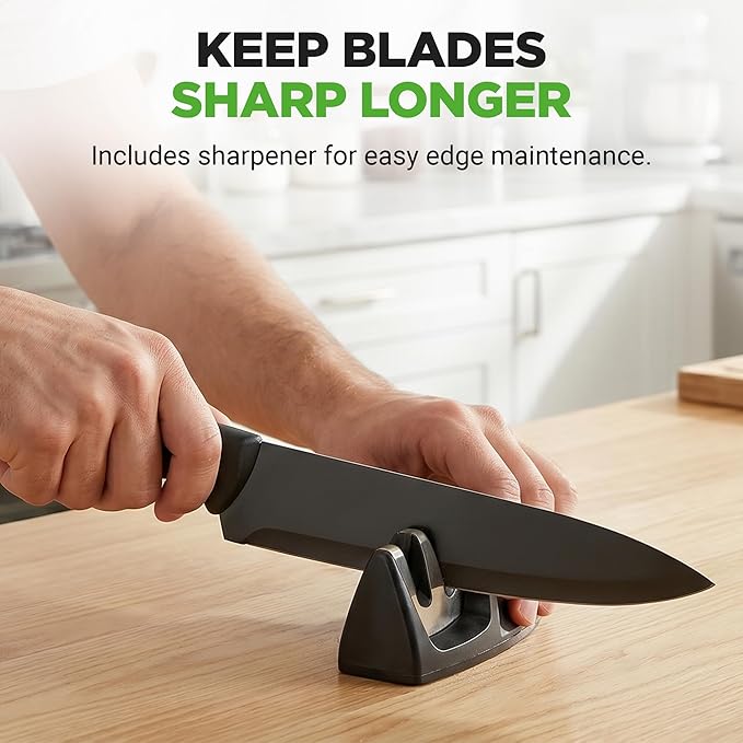 NutriChef 7 Piece Kitchen Knife Set - Stainless Steel Kitchen Precision Knives Set w/ 5 Knives & Bonus Sharpener, Acrylic Block Stand - Cutting Slicing, Chopping, Dicing - NCKNS7X
