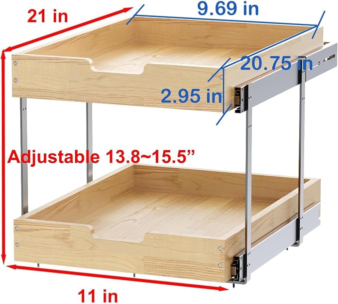 Sikarou Wood Pull Out Cabinet Organizer 2 Tie 11" W x 21" D for 12" Cabinet Opening, Heavy-Duty Sliding Drawers for Inside Cabinets Storage and Organization for Kitchen, Pantry, Bathroom