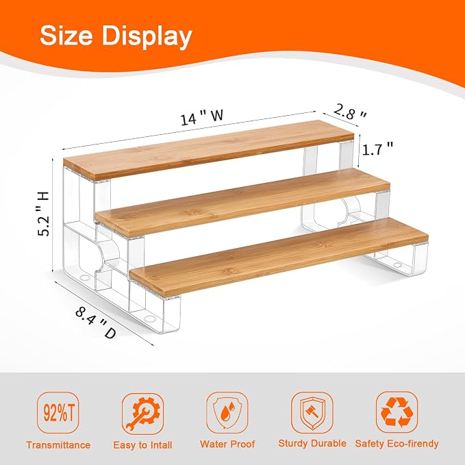 junyuan Spice Rack Organizer for Cabinet,3 Tier Spice Organization for Kitchen,Bathroom Organizers and Storage,Seasoning Countertop Shelf,Bamboo Display Shelves Racks,Clear 14"