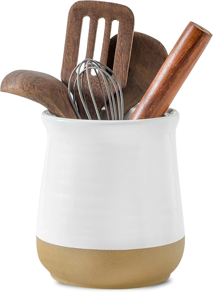 HASENSE Large Utensil Holder, White Cooking Utensil Crock for Kitchen Counter, 7.1" Ceramic Utensil Organizer Caddy for Kitchen Utensil Set, Vintage Decor