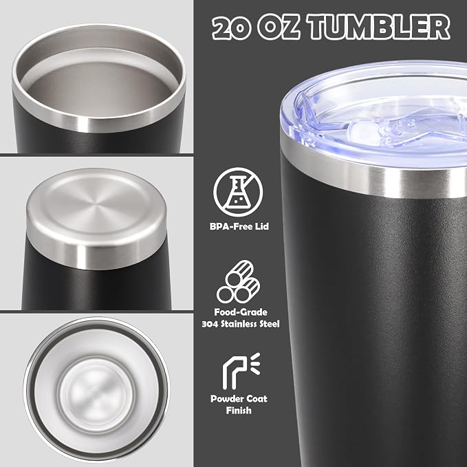 20oz Tumbler Stainless Steel Tumbler Cup with Lid Vacuum Insulated Double Wall Travel Mug, Durable Powder Coated Travel Coffee Tumbler Mug for Hot & Cold Drinks, Black,4 Pack