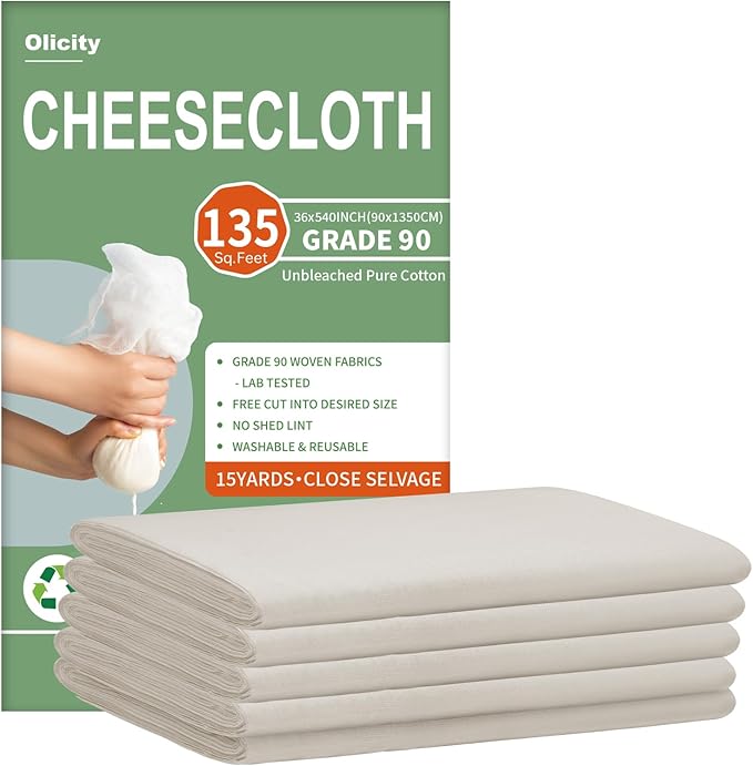 Olicity Cheese Cloth Roll,Grade 90,3x45Ft, 135 Sq Ft,Reusable Cheese Cloth Closed Edges Unbleached Cotton Cheese Cloths for Straining,Fine Mesh Muslin Bulk Cheesecloth Roll for Cooking,Crafts-15 Yards