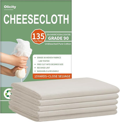 Olicity Cheese Cloth Roll,Grade 90,3x45Ft, 135 Sq Ft,Reusable Cheese Cloth Closed Edges Unbleached Cotton Cheese Cloths for Straining,Fine Mesh Muslin Bulk Cheesecloth Roll for Cooking,Crafts-15 Yards
