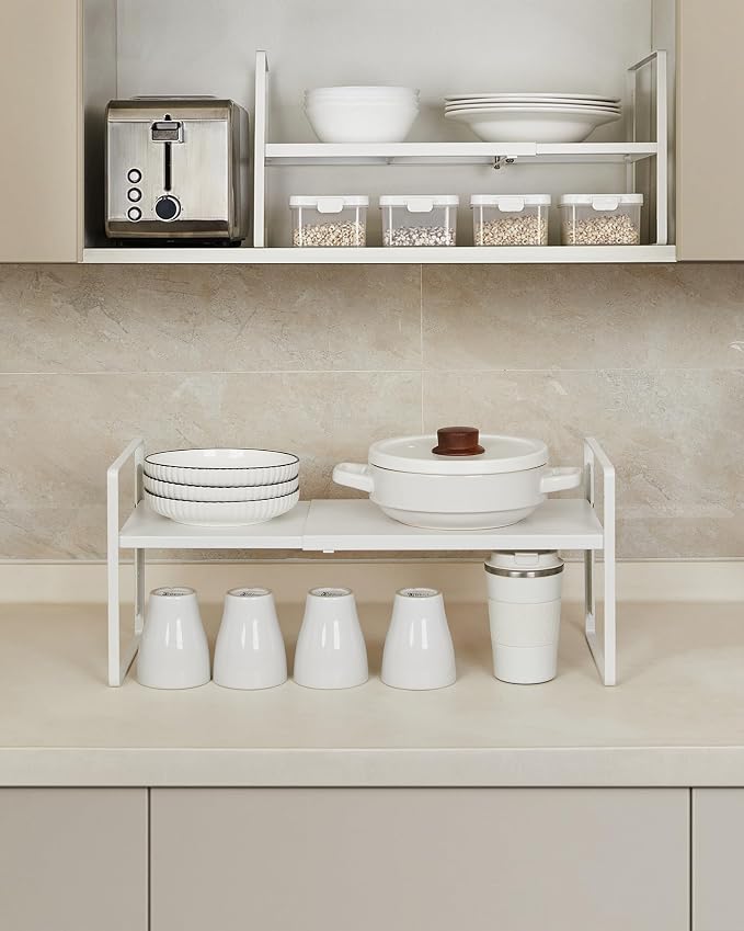 Nxconsu Expandable Cabinet Shelf Organizer Riser, 10.5" 1 Pack White | Heavy-Duty Steel Expandable Shelf Holds 50 lb, 5-Level Stackable Riser for Kitchen Cabinet Cupboard Pantry Counter Under Sink