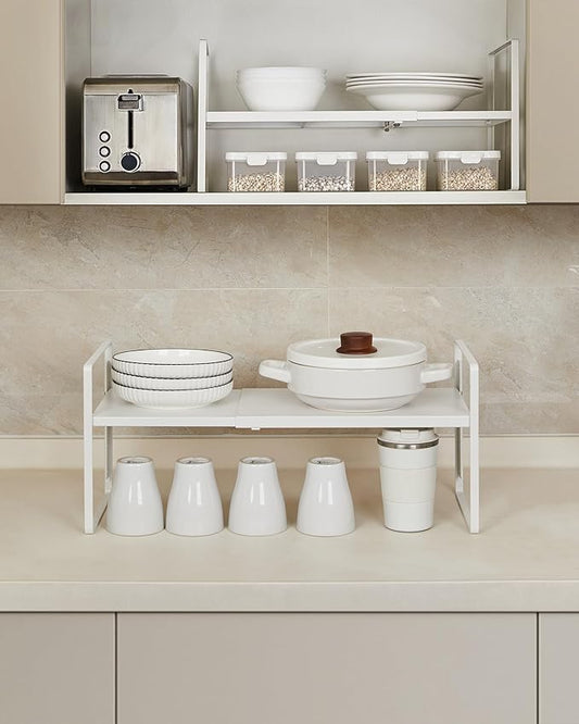 Nxconsu Expandable Cabinet Shelf Organizer Riser, 8.6" 1 Pack White | Heavy-Duty Steel Expandable Shelf Holds 50 lb, 5-Level Stackable Riser for Kitchen Cabinet Cupboard Pantry Counter Under Sink