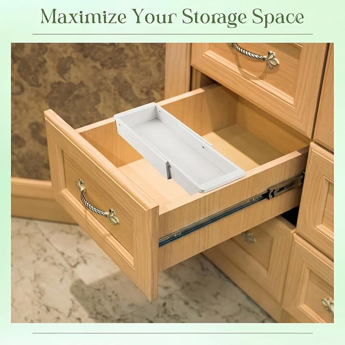 LemonRoad 1 Pcs Sliding Drawer Organizer 12.4-17.7 Inch Bin Bamboo Drawer Expandable Bins Utensil Organizer for Kitchen Spoons Forks Knives (White)