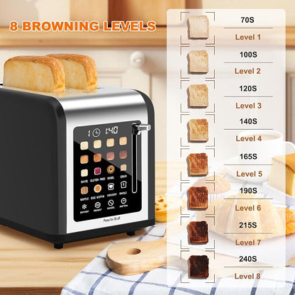 2 Slice Toaster Touch Screen, Stainless Steel Toasters Digital Timer 2 Slot Toasters, 8 Shade Settings 6 Bread Types for Bagel, Cancel, Defrost (Black)