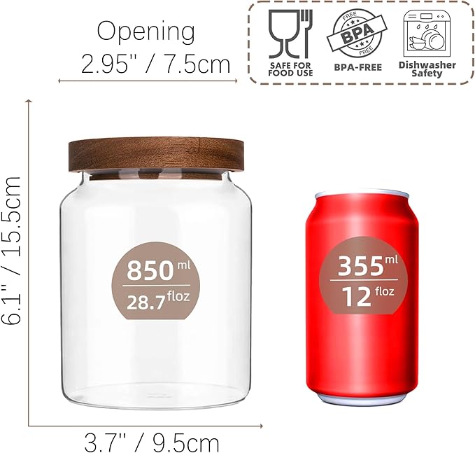 Custde Glass Jar with Lid, 28.7 FL oz Airtight Glass Storage Jar for Kitchen Counter, Pantry, Decorative Jar for Coffee, Sugar, Candy (Wooden 28.7 FL OZ)