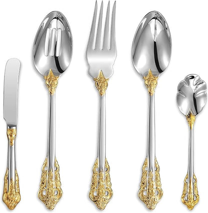 KEAWELL Gorgeous 5-Piece 18/10 Stainless Steel Hostess Serving Utensil Set, Dishwasher Safe (Gold Accent)