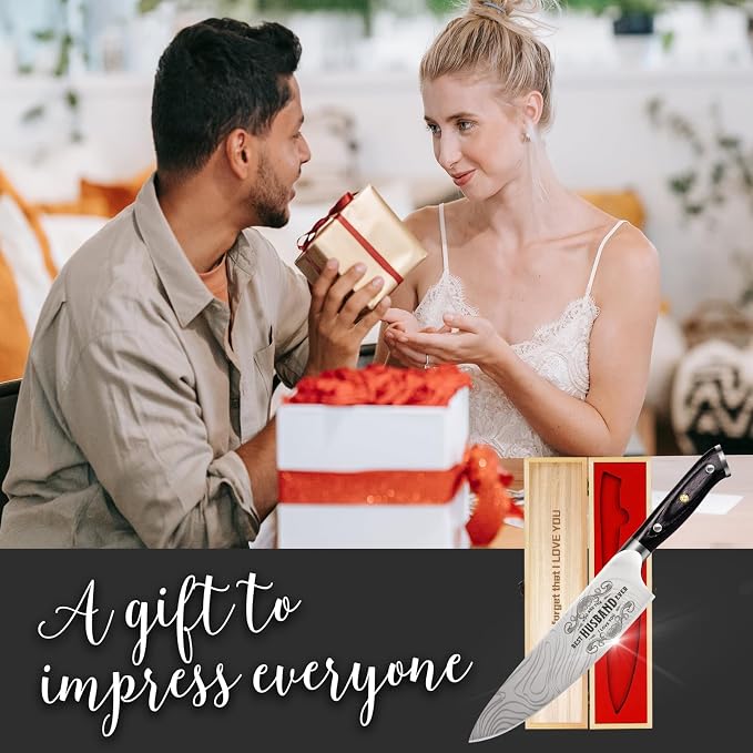 Funistree Gifts for Husband Men Him Anniversary Fathers Day, 8 inch Professional German 1.4116 Chef Knife, Engraved Best Husband Ever Knife Gift, Birthday Gifts for Men