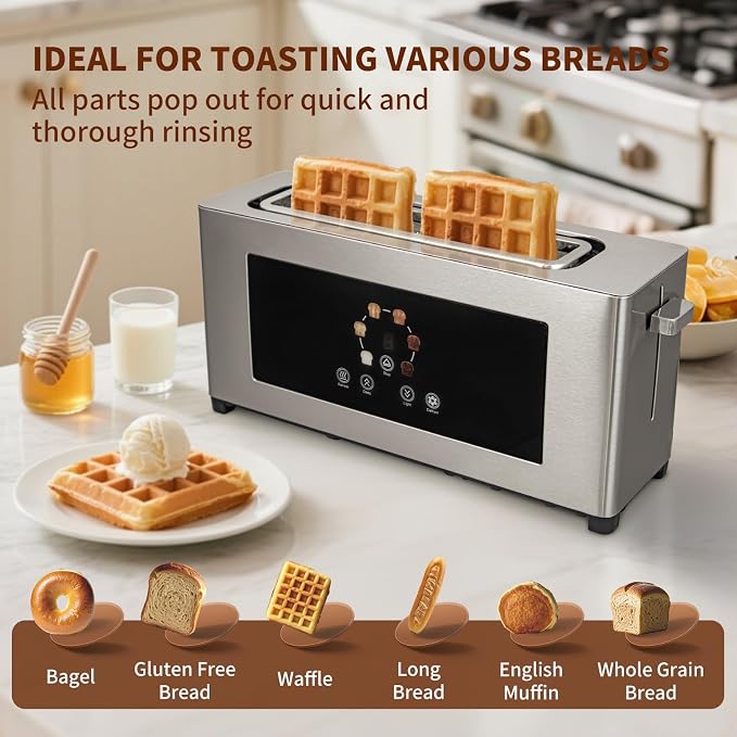 2 Slice Toaster with Touch Screen, Slim Toaster For Long Slice, 1.6" Wide Slot, 6 Browning Levels, 1000W Fast Heating, Slim Stainless Steel Design for Bagels, Baguettes, Compact Kitchen & RV Use