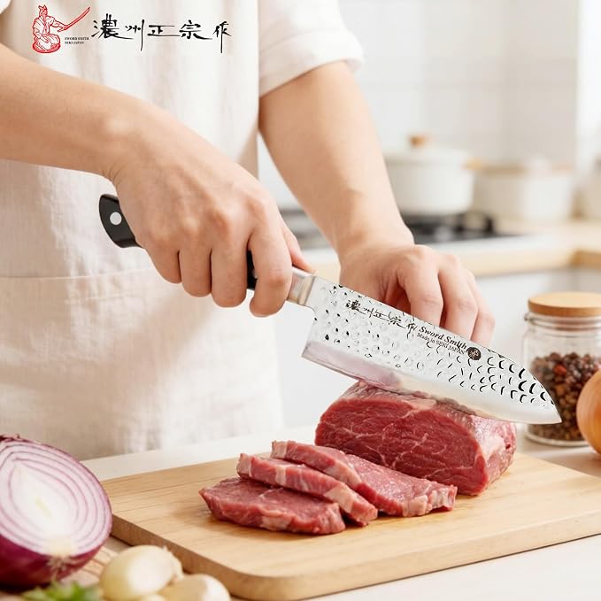 6.7 Inch Santoku Knife, Made in Japan, Full Tang AUS-6 High Carbon Molybdenum Stainless Steel Japanese Chef Knife with Hammered Blade, Kitchen Knife Gifts for Men and Women