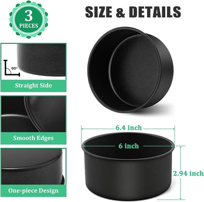 P&P CHEF 6 Inch Cake Pan, Nonstick Round Baking Layer Cake Pans Tins Set for Birthday Wedding, 2.94-Inch Deep Side & One-piece Design, Stainless Steel Core & Easy Clean, Black 3Pcs