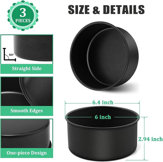 P&P CHEF 6 Inch Cake Pan, Nonstick Round Baking Layer Cake Pans Tins Set for Birthday Wedding, 2.94-Inch Deep Side & One-piece Design, Stainless Steel Core & Easy Clean, Black 3Pcs