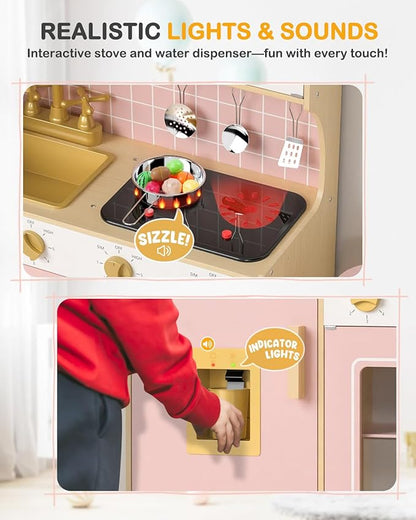 Babytronic Wooden Kitchen Playset for Kids - Pink Pretend Play Kitchen with Lights & Sounds, Retro Style Toy Kitchen for Toddlers Ages 3+, Wooden Play Kitchen Set with Realistic Design (Pink&Gold)