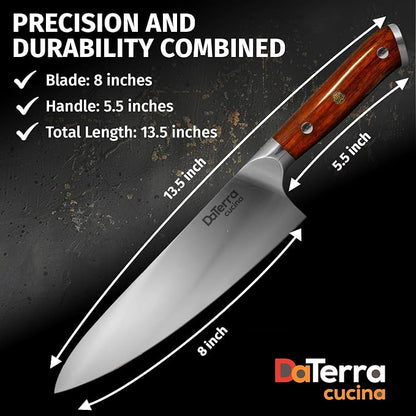DaTerra Cucina - 8 Inch Chef Knife – German Steel Professional Kitchen Knife with Ergonomic Rosewood Handle, Sharp, Durable, Easy to Clean | Ideal for Chopping, Slicing & Dicing