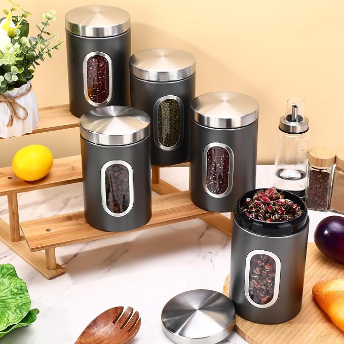 Zopeal 6 Pack Graphite Canisters Sets for Kitchen 50oz Stainless Steel Kitchen Canisters with Transparent Windows Flour Sugar Container Metal Jar Countertop Set for Coffee Tea Decorative
