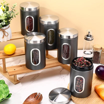 Zopeal 6 Pack Graphite Canisters Sets for Kitchen 50oz Stainless Steel Kitchen Canisters with Transparent Windows Flour Sugar Container Metal Jar Countertop Set for Coffee Tea Decorative