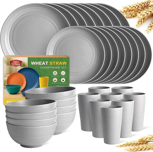 Teivio 32-Piece Kitchen Plastic Wheat Straw Dinnerware Set, Service for 8, Dinner Plates, Dessert Plate, Cereal Bowls, Cups, Unbreakable Colorful Plastic Outdoor Camping Dishes, Light Gray