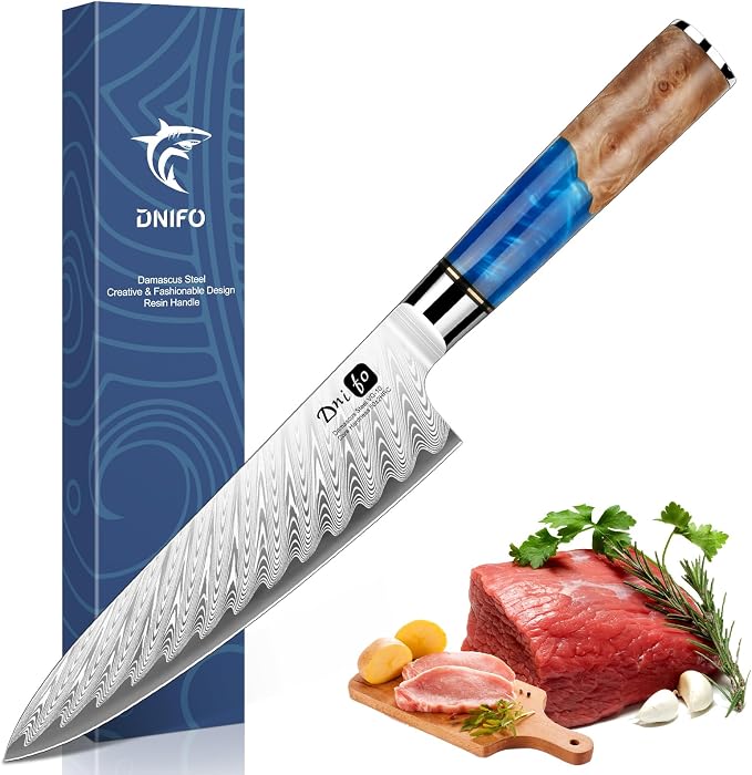 Japanese Chef Knife, 8 Inch Damascus Kitchen Knife with 67-Layer Damascus Steel & VG10 Core, Ultra Sharp Cooking Knife with Ergonomic Blue Resin Wooden Handle, Ideal Gift for Men and Women