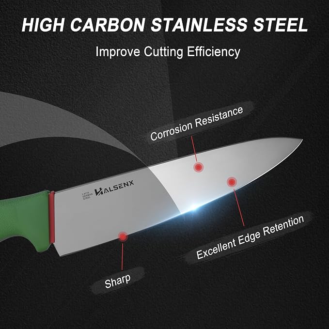 Chef Knife 8 Inch, High Carbon Stainless Steel Sharp Blade with Non-Slip Softgrip, Multi-Purpose Kitchen Knife for Meat, Fruit & Vegetables Cutting (Green)