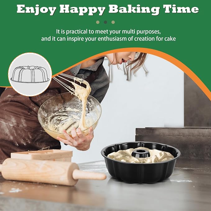 P&P CHEF 10 Inch Black Non-stick Cake Pan, Carbon Steel Fluted Tube Round Baking Pan for Pound Cake, 10-Cup Large Capacity Bakeware, Healthy & Heavy Duty, 2 Pieces