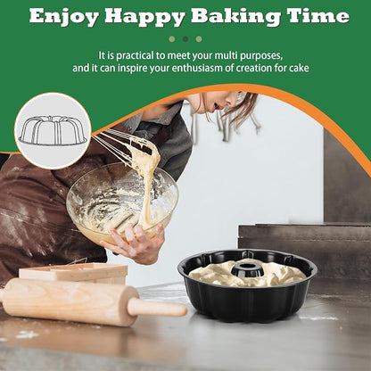 P&P CHEF 10 Inch Black Non-stick Cake Pan, Carbon Steel Fluted Tube Round Baking Pan for Pound Cake, 10-Cup Large Capacity Bakeware, Healthy & Heavy Duty, 1 Piece