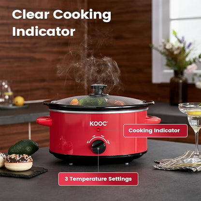 KOOC 4-Quart Slow Cooker, 3 Cooking Settings, Dishwasher Safe Ceramic Crock, Lid, Free Pot Liners Included, RED, Ellipse Pot