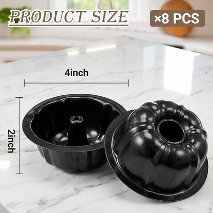 Ctosree 8 Pcs Fluted Mini Cake Pan 4 Inches Nonstick Fluted Cake Pan Carbon Steel Tube Metal Tube Oven Baking Mold with Flower Shape for Cupcake, Black