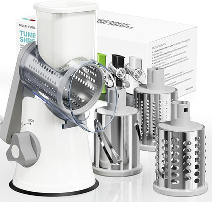 Rotary Cheese Grater Hand Crank, 3 Blades Slicer Shredder, Cheese Grater for Kitchen, Multi-Functional Kitchen Tool for Vegetables, Nuts, Chocolate, with Strong Suction Base, White
