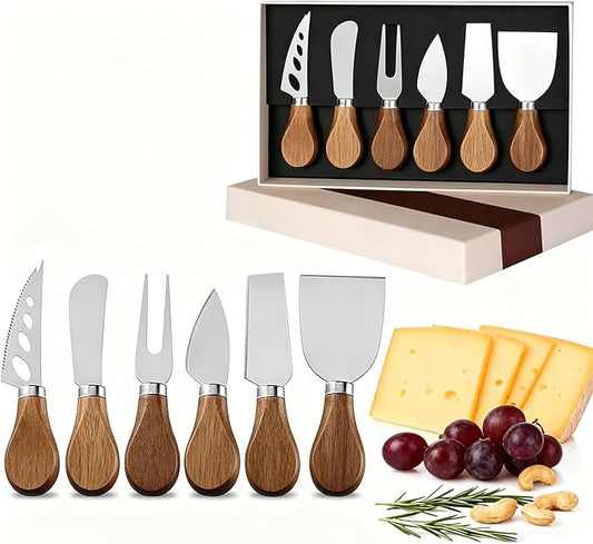 6-Piece Stainless Steel Cheese Knife Set with Slicer, Cutter, Fork and Spreader, Ideal for Charcuterie Boards and Elegant Cutlery Gift Collection (Acacia-Box)