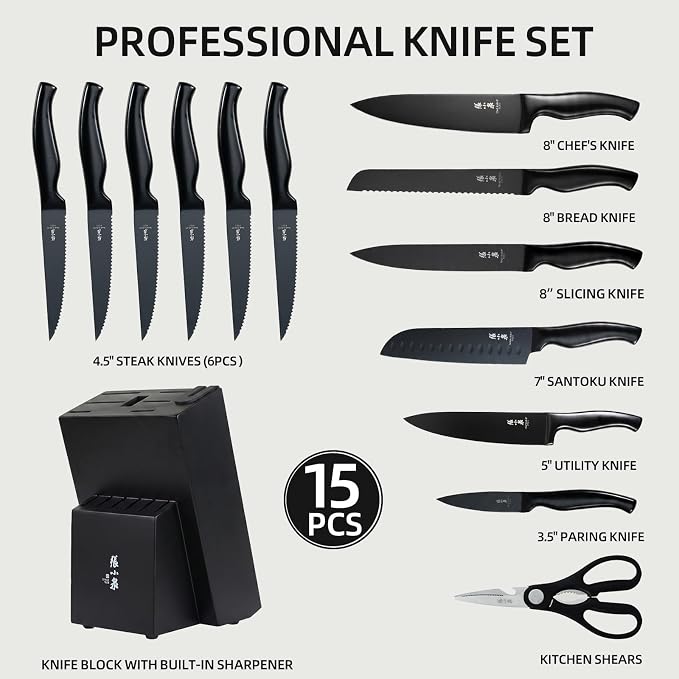 ZHANG XIAO QUAN 15-Piece Kitchen Knife Set with Block, High Carbon Stainless Steel, Ergonomic Hollow Handles, Durable Sharp Blades for Precision Cutting, Black