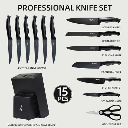 ZHANG XIAO QUAN 15-Piece Kitchen Knife Set with Block, High Carbon Stainless Steel, Ergonomic Hollow Handles, Durable Sharp Blades for Precision Cutting, Black