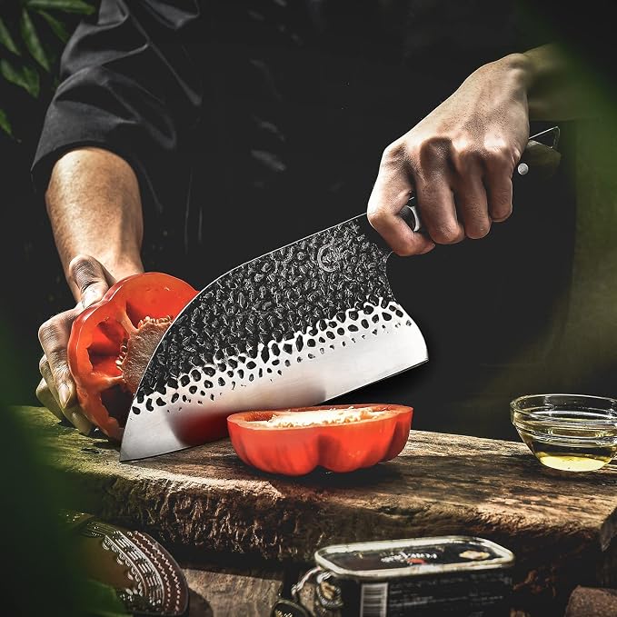 [Full Tang]Butcher Knife Handmade Forged Kitchen Chef Knife Grandsharp Pro Razor Sharp Serbian Clad Steel Meat Vegetable Chopping Cutting Cleaver with Leather Knife Sheath