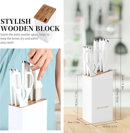 White Knife Set with Block, 7 Pieces Small Knife Block Set with Stainless Steel Blade Ergonomic Handle, Kitchen Knives Set Gifts for Chef