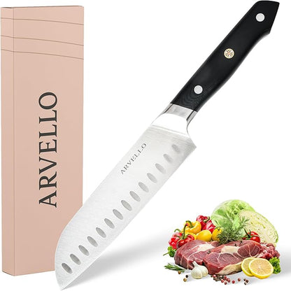 ARVELLO Santoku Knife - 7-Inch Japanese-Style All Purpose Knife for Home Cooks & Professional Chefs - German High Carbon Stainless Steel Blade, Full Tang, G10 Handle, Ultra-Sharp Edge