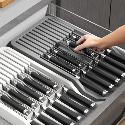 Expandable Drawer Knife Insert Organizer - Plastic Knife Storage Tray for Kitchen Drawers, Adjustable to Fit 11 Knives, BPA-Free, Ventilated, Space-Saving, Easy to Clean