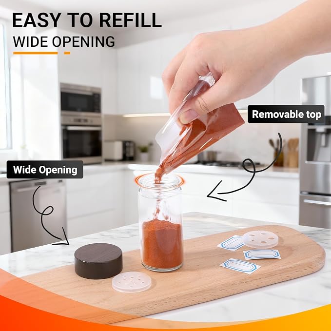 Segarty 3oz Spices Jars with Wood Lids, 3 Pack 90ml Round Spice Containers, Empty Glass Seasoning Organizers Spices Cereals Storage Bottles, Small Salt and Pepper Shakers with 7 Stickers and 1 Brush