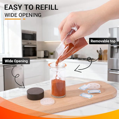 Segarty 3oz Spice Jar with Wood Lids, 6 Pack 90ml Glass Round Condiment Jars with Lids, Clear Empty Seasoning Containers Cereal Containers Storage Set, Small Spices Bottles with 7 Stickers, 1 Brush