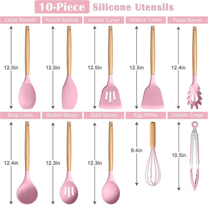 E-far Silicone Cooking Utensils Set, 10-Piece Kitchen Utensils Set with Wooden Handle for Cooking, Non-toxic Silicone Kitchen Nonstick Tools Spatula Whisk Tongs Ladle, Heat Resistant & Health, Pink