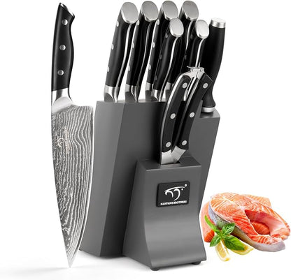 NANFANG BROTHERS Damascus Kitchen Knife Set with Block, 9 Pieces, ABS Ergonomic Handle, Knife Sharpener, Kitchen Shears