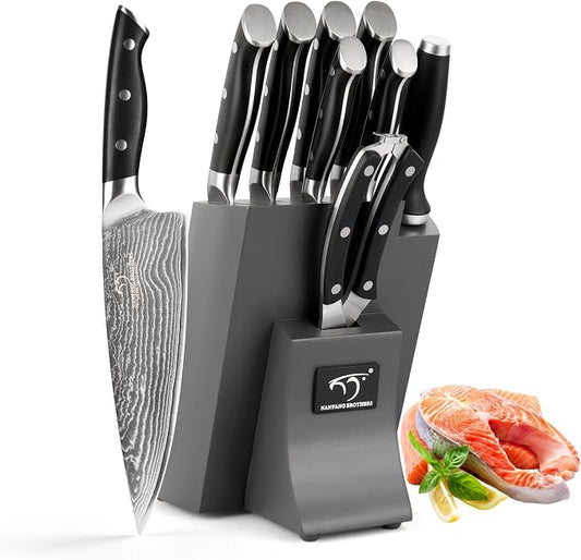 NANFANG BROTHERS Damascus Kitchen Knife Set with Block, 9 Pieces, ABS Ergonomic Handle, Knife Sharpener, Kitchen Shears