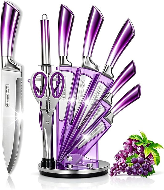 Elegant Purple 9-Piece Kitchen Knife Set with Acrylic Block,Non Stick Sharp Stainless Steel Chef Knives with Sharpener,Gift Ready Cutlery Set for Women